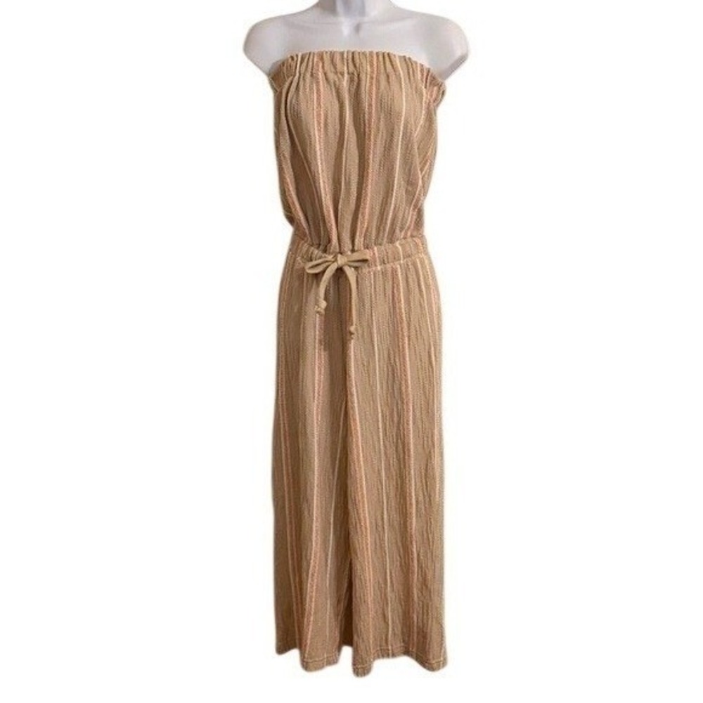 Vintage Havana Strapless Wide Leg Jumpsuit Tan Striped Small Apricot Lane